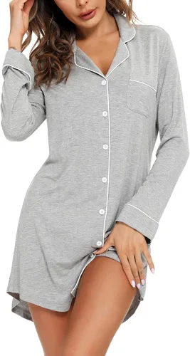 Vista 28 de Samring Camisón de pijama para mujer, manga corta/larga, con botones, camisón para dormir, camisón para novio, talla XXL
