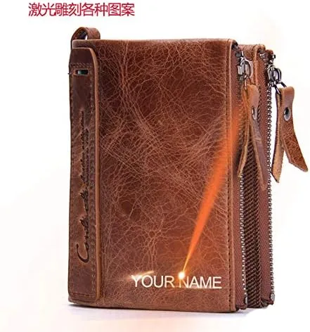 Vista 9 de Cartera corta de cuero para hombre monedero cartera de cuero con doble cremallera funda de identificación