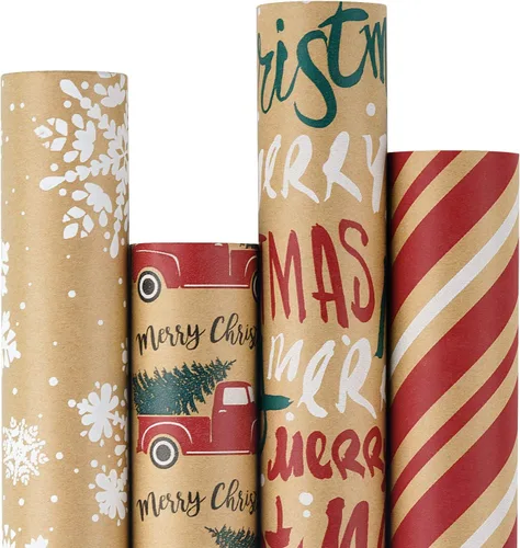 Vista 17 de RUSPEPA Papel de regalo de Navidad, papel kraft – reno, rayas y copos de nieve en diseño azul – 4 rollos – 30 pulgadas x 10 pies por rollo