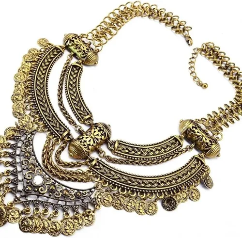 Vista 6 de Conjunto de collar y aretes para mujer, estilo étnico, étnico, étnico, gitano, grueso, para festivales