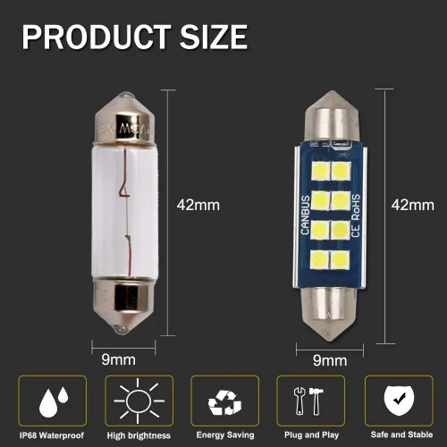 Vista 2 de HSUN Bombilla LED Festoon C5W de 1.65 pulgadas, 1.61 pulgadas, 6000 K, color blanco 6411 239 569 578 212-2 2112 212 212 214-2 con Canbus sin errores
