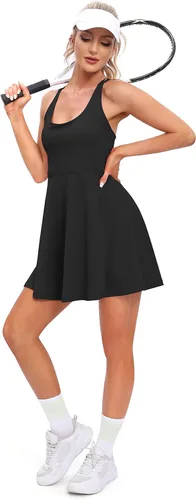 Vista 4 de Vestido de tenis para mujer con pantalones cortos debajo del vestido de entrenamiento con brasier integrado, vestidos atléticos de golf, vestido