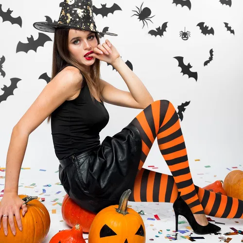 Vista 5 de 2 piezas de medias de rayas de color sólido leggings de mujer con pies para Halloween