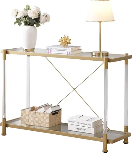 Vista 11 de Mesa auxiliar dorada para sofá con forma de C, mesa de centro de acrílico móvil con ruedas pequeñas de cristal con estantes de 2 niveles