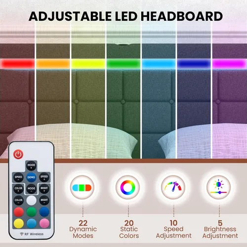 Vista 3 de Giantex Base de cama individual con luces LED y 4 cajones, base de cama de plataforma tapizada con puertos USB, diseño de cabecera ajustable