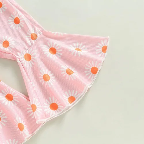 Vista 5 de Conjunto de 2 piezas de ropa para bebé niña, floral, sin mangas, pantalones acampanados, conjunto de 2 piezas de verano