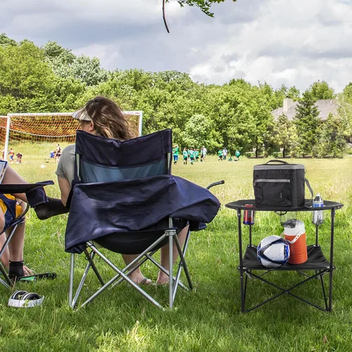 Vista 5 de Mesa de Camping - Mesa Plegable de 2 Niveles con 4 Portavasos y Bolsa de Transporte para Picnic, Tailgate, Playa o Campamento - Equipo de Camping