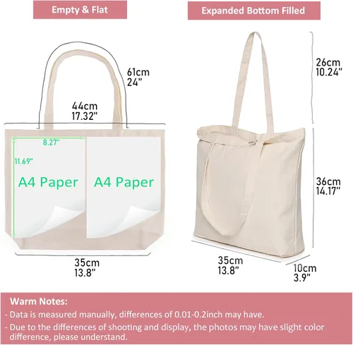 Vista 6 de Koolmox Bolsas de lona con cremallera, paquete de 6 bolsas de algodón de 17 x 14 pulgadas con parte inferior plana, bolsas de compras reutilizables
