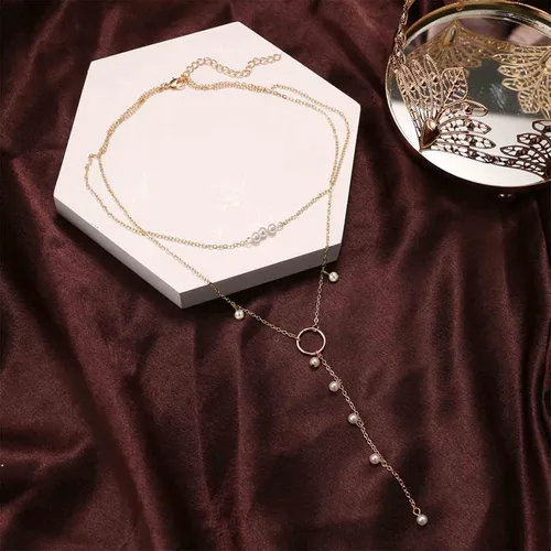Vista 3 de Collar de perlas de círculo bohemio Lariat de oro largo collar de cadena de perlas pequeñas gargantilla collar de perlas gota cadena Y collar