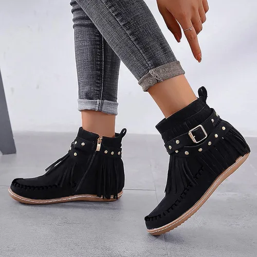 Vista 7 de AUNTHUI Sursell - Botines de gamuza para mujer, con flecos, punta redonda, planos, cálidos, de moda, occidentales, para exteriores, con cremallera