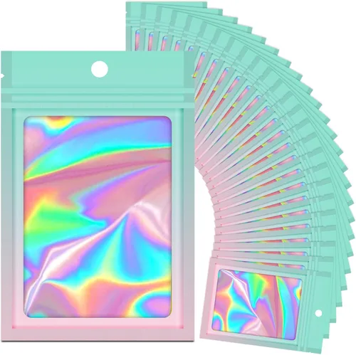 Vista 8 de 100 bolsas holográficas de Mylar degradadas con ventana transparente, bolsa con cremallera resellable, bolsas de muestras de embalaje para fiestas