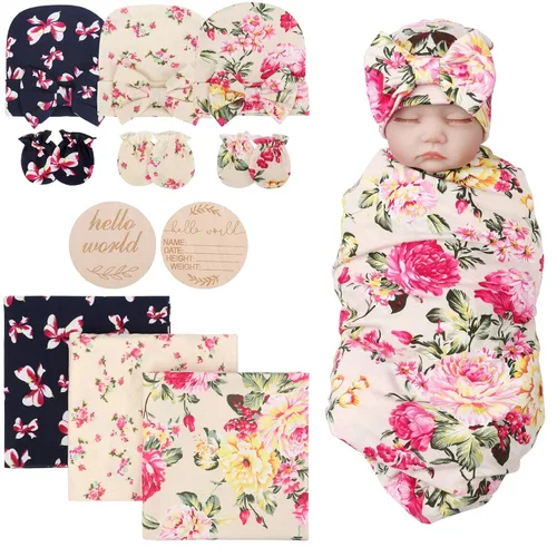 Vista 8 de DRESHOW BQUBO - Conjunto de gorro de algodón para bebé, manta para recién nacido, con orejas de oso, tarjeta de anuncio de nacimiento de madera