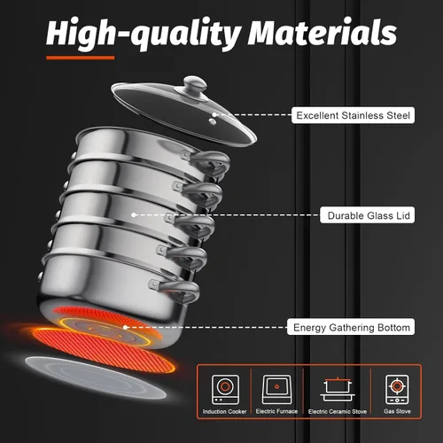 Vista 6 de Vaporizador de acero inoxidable de 5 niveles para cocinar, cajón de vapor multiusos con tapa transparente, utensilios de cocina portátiles, sartenes