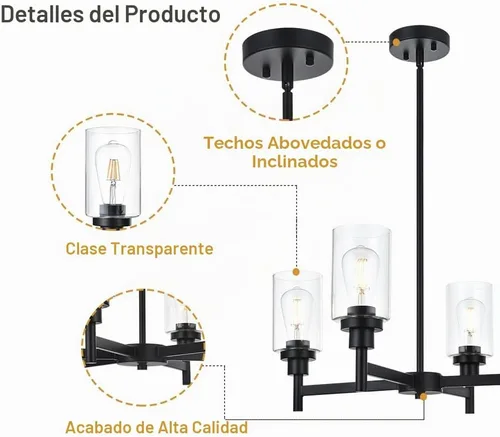 Vista 7 de Lámpara de araña de cristal de 4 luces estilo granja, negra, para cocina, iluminación colgante con cilindro de cristal transparente para comedor