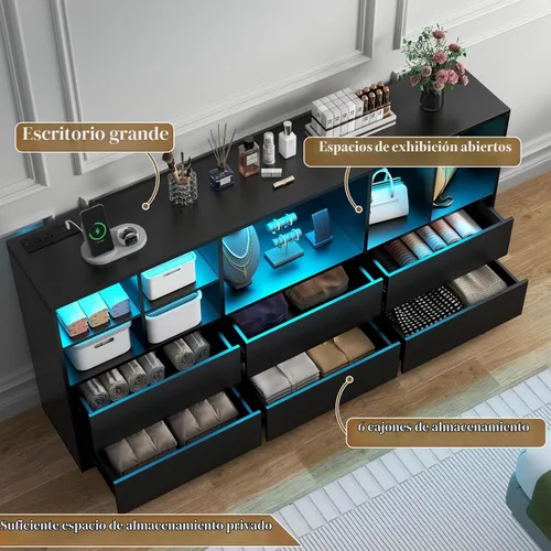 Vista 5 de Gyfimoie Cómoda negra para dormitorio con 6 cajones, cómoda con luces LED y estación de carga, cómoda de 63 pulgadas de largo con 7 cubos abiertos
