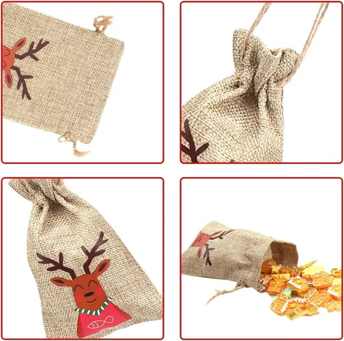 Vista 4 de Bolsas de yute y arpillera de Navidad de LOKIPA, bolsas de yute y lino de Navidad con cordón para regalos y dulces de Navidad (12)