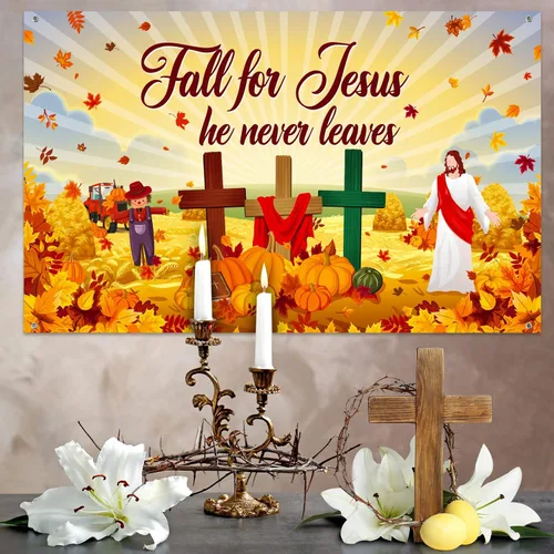 Vista 6 de Fondo de otoño para Jesús, pancarta de otoño de calabaza, hoja de arce, decoración de la Biblia, religión cristiana, fondo de poliéster, suministros