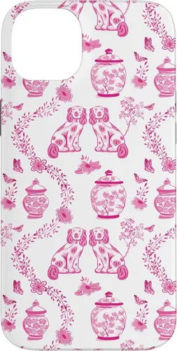 Vista 15 de Preppy - Carcasa para iPhone 16, diseño de perros y tarros de jengibre, color rosa y blanco