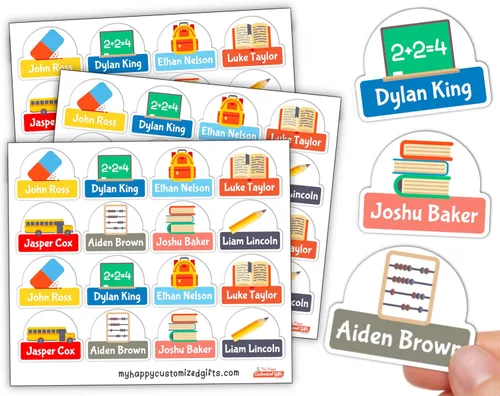 Vista 2 de Iconos personalizados para el día escolar – Etiquetas de nombre 64 unidades Etiquetas perfectas para niños Paquete de etiquetas personalizadas