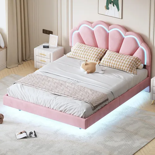 Vista 11 de Cama de plataforma de madera tamaño individual con luz LED integrada, cabecera de almacenamiento y barandilla, dormitorios adecuados para niños