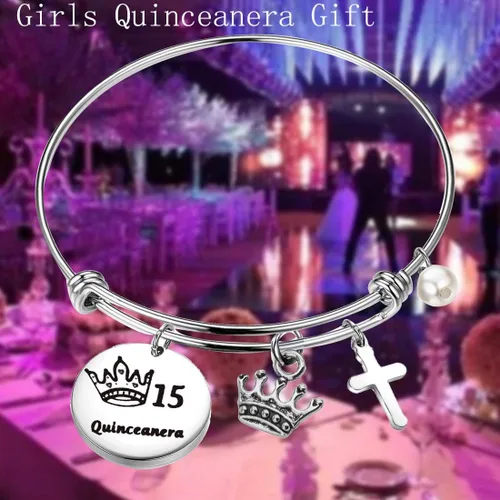 Vista 6 de FEELMEM Quinceañera - Pulsera de 15 cumpleaños para niñas y niñas 15 años de quinceañera brazalete de alambre expandible joyería de membrillo