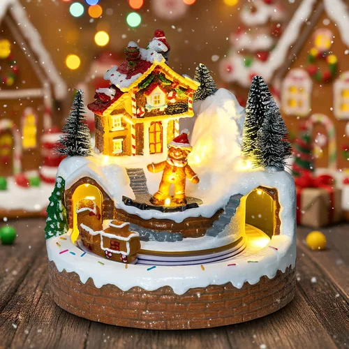 Vista 9 de MXwcy Decoración animada de pueblo navideño – Coro de iglesia iluminado y tren en movimiento en montaña nevada – Centro de mesa de estatua