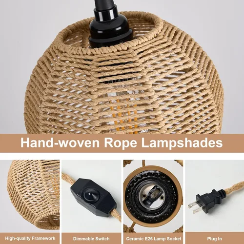 Vista 3 de Lámpara Colgante Enchufable de 15 pies con Cable, Interruptor Regulable, Lámpara Colgante de Ratán con Mimbre Tejido a Mano, Candelabro Enchufable