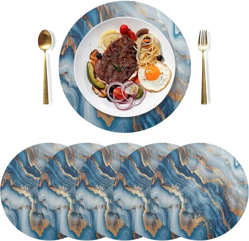 Vista 3 de Mantel individual redondo de mármol azul dorado, lavable para mesa de comedor para cocina (talla única x 1)