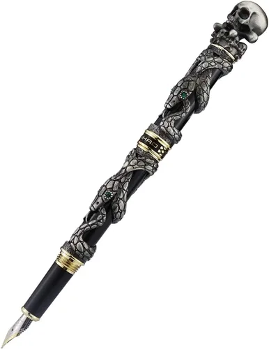 Vista 5 de Jinhao - Pluma estilográfica Black Snake, punta mediana, estilo retro con cabeza de calavera, clip de metal sólido y juego con estuche de papel