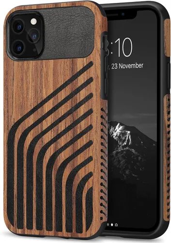 Vista 13 de TENDLIN Compatible con iPhone 11 Funda de grano de madera con textura de fibra de carbono, diseño híbrido de cuero, color negro