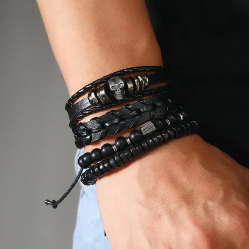 Vista 8 de Punk Leather Bracelet for Men Women Leather 8-10 PCS Braided Cuff Bracelet Multilayer Leather Bracelet A-01