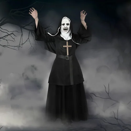 Vista 6 de Vermeyen Disfraz de monja para mujer, disfraz de monja aterradora para Halloween, cosplay con máscara