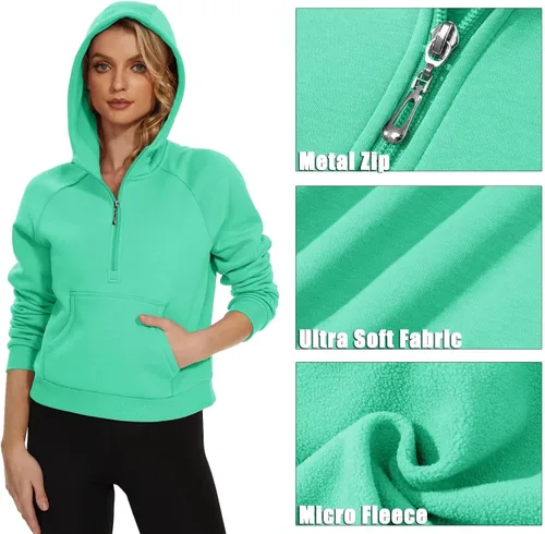 Vista 6 de MAGCOMSEN Sudaderas con capucha para mujer, con forro polar, cremallera de 12, manga larga, con bolsillo tipo canguro
