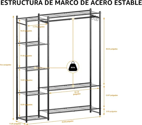 Vista 3 de Guardarropa con armario, estante portátil para ropa con 4 estantes, organizadores de armario independientes y sistema de almacenamiento con varillas
