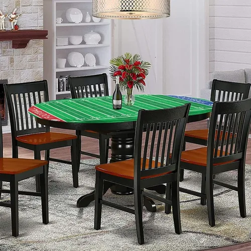 Vista 2 de Mantel ovalado ajustable para mesa de patio, de poliéster elástico con estampado de fútbol americano, se adapta a mesas ovaladas de hasta 36 x 48