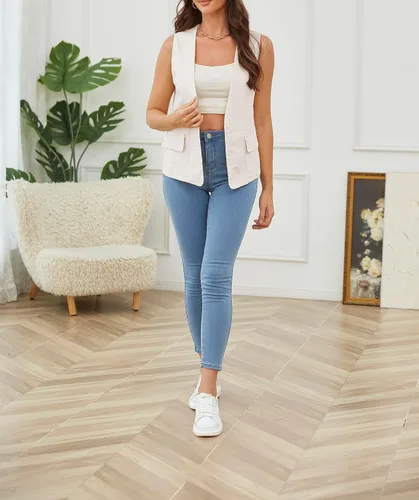 Vista 2 de HAOZHIYU Women's Sleeveless Cotton Linen Vest Fashion Casual V Neck Waistcoat lightweight Tops