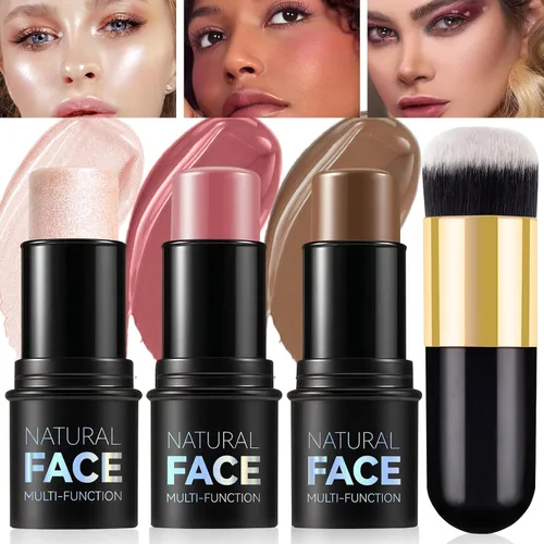 Vista 10 de Kit de contorno en crema de 3 piezas, rubor crema, iluminador, bronceador de contorno para mejillas, impermeable, de larga duración, mezclable, trío