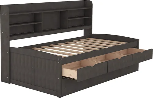 Vista 9 de Harper & Bright Designs Sofá cama de tamaño individual con estantes de almacenamiento, cajones y nido, marco de cama de esquina doble de madera