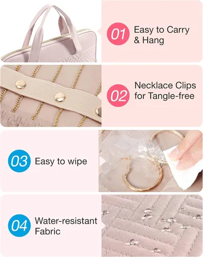 Vista 5 de BAGSMART Estuche organizador de joyas de viaje, bolsa de joyería colgante para viajes con bolsillos, bolsa de joyería de gran capacidad