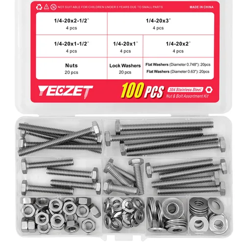 Vista 3 de 100 tornillos y tuercas de cabeza hexagonal de acero inoxidable de 1/4-20x1, 1-1/2", 2", 2-1/2", 3", tornillos y tuercas planos y arandelas