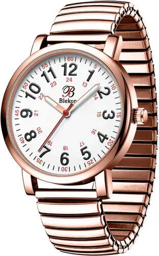 Vista 4 de Blekon Reloj de enfermera original, correa elástica plateada, esfera de fácil lectura, segunda mano, reloj resistente al agua (oro rosa)