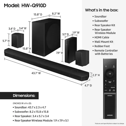 Vista 5 de Samsung Barra de sonido HW-Q910D de 9.1.2 canales con Dolby Atmos inalámbrico y plan de protección ámbar de 2 años (2024)