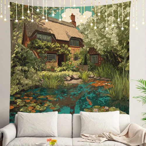 Vista 30 de Shrahala Peaceful Retreat Charming Abode Tapestry, Verdant Landscape Water Wall Hanging Hd Print Polyester Backdrop For Dorm Room Bedroom 30 X 40 In