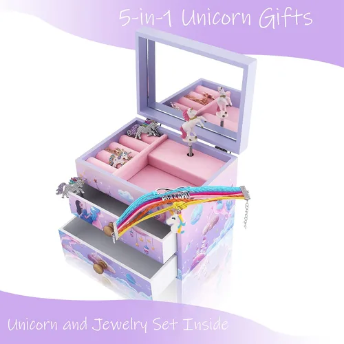 Vista 2 de Joyero musical de madera para niñas con juego de joyas a juego B-unicornio morado4
