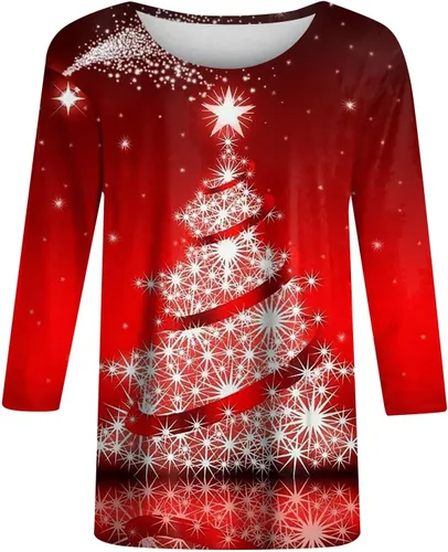 Vista 2 de YUHEDADA Blusas de Navidad para mujer, lindos guantescopos de nieve, manga tres cuartos, cuello redondo, suéter de moda de otoño