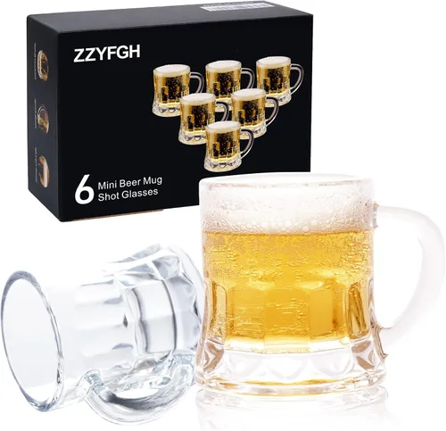 Vista 8 de ZZYFGH Paquete de 10 Mini Vasos de Chupito de Cerveza, Mini Vaso de Cerveza de Vidrio con Asa de 1.0 Onza, Vasos de Chupito para Tequila, Vodka