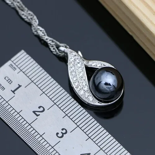 Vista 5 de Black Pearls - Juego de joyas de plata 925 para mujer, cuentas de perlas de lujo, pulsera, diseño de línea, aretes, collar de anillo para regalo