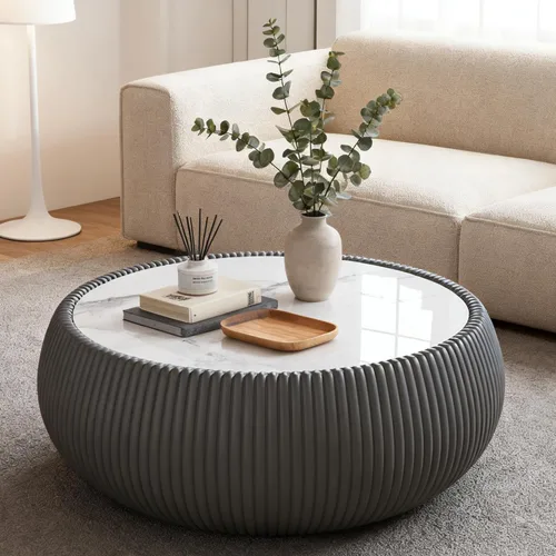 Vista 24 de Mesa auxiliar redonda moderna, mesa auxiliar de sofá de mármol sintético con base cubierta de cuero sintético en forma de cuenco, mesa auxiliar En