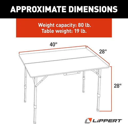 Vista 3 de Lippert - Mesa de campamento ajustable de bambú biplegable, superficie de mesa de 39-1/2" x 28-1/2" x 27-1/2", parte superior de madera lisa, patas