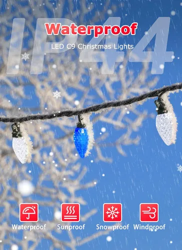 Vista 2 de Luces LED C9 de Navidad para exteriores, 66 pies, 100 luces LED de fresa con 100 abrazaderas de resorte, impermeable, grado comercial, extensible
